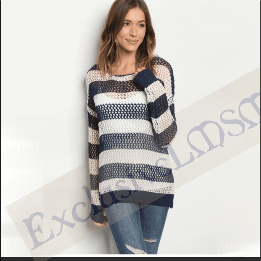 Ivory & Navy Fishnet Crochet Top